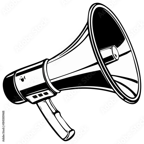High contrast vector illustration of a megaphone broadcasting loud, used for announcement or speech in monochrome, bold lines, vector.
