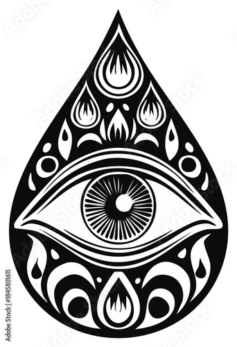 Symbolic Eye Within a Tear Drop Shape With Intricate Decorative Patterns