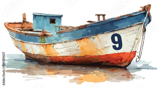 Nautical Vector Art of Boat with Number 9, Detailed Outline Design for Professional Use