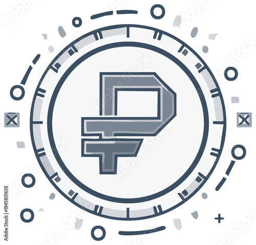 Ruble currency symbol stylized graphic design with circular abstract elements
