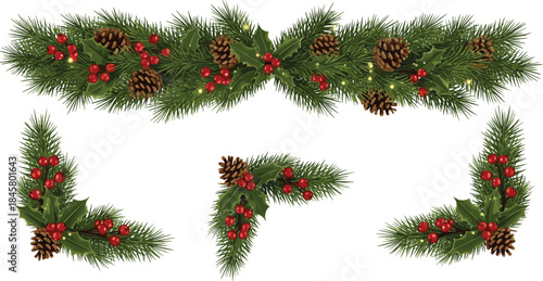 Christmas pine garland and corner decoration, festive holiday greenery, holly berries, pinecones, seasonal vector art, cad drawing flat vector illustration