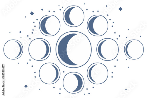 Lunar Phases Graphic Displaying Celestial Cycles and Moon Stages, Astrology Illustration