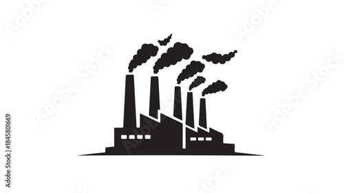 Industrial Factory Building Silhouette with Smoking Chimneys in Black and White Vector Graphic for Environmental Impact.