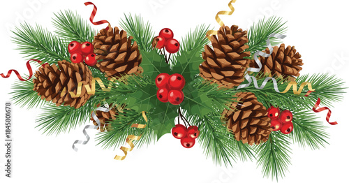 Christmas pinecone and ribbon decoration, festive holiday vector, holly leaves, red berries, winter greenery, cad drawing flat vector illustration