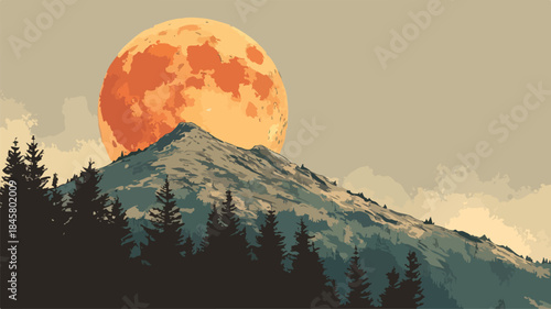Serene Mountain Landscape with Full Moon Painting