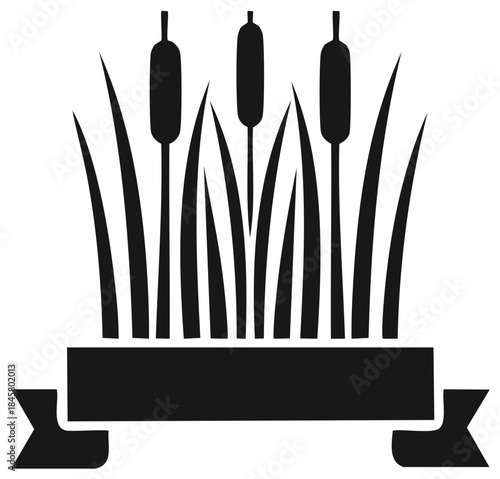 Minimalist marsh reeds silhouette with a blank ribbon banner for a natural logo or emblem
