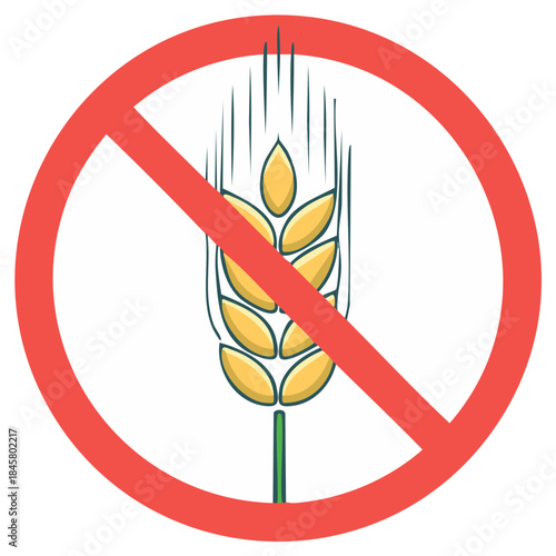 Gluten Free Symbol with Red Circle and Slash over Wheat Ear Concept Illustration