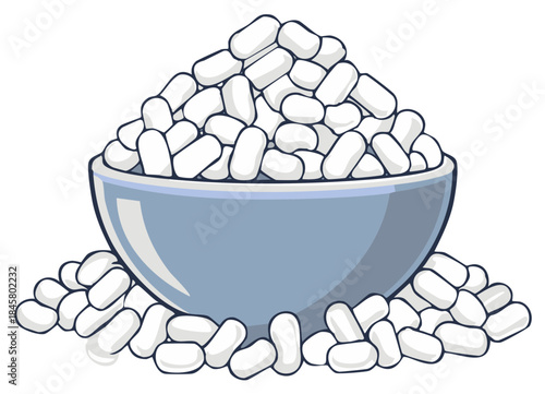 Bowl Overflowing with White Oval Pills or Candies
