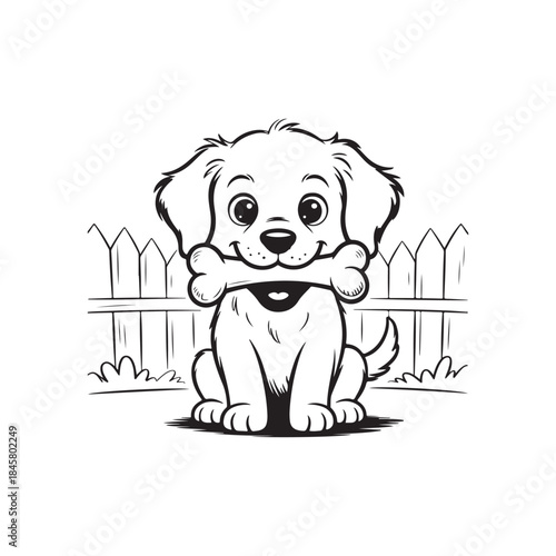 A charming black and white illustration depicts a cute puppy happily holding a bone in front of a picket fence