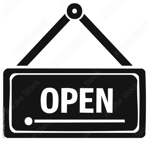 Black and white open sign with hanging element, vector illustration.