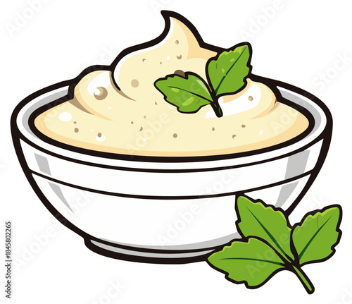 Creamy Dip in White Bowl Topped with Fresh Green Herbs Close-up Illustration, Refreshing Appetizer, Vector Style