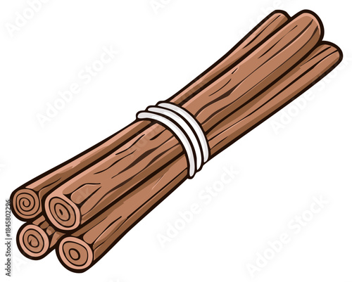 Bundle of cinnamon sticks tied with rope, a cartoon style vector illustration