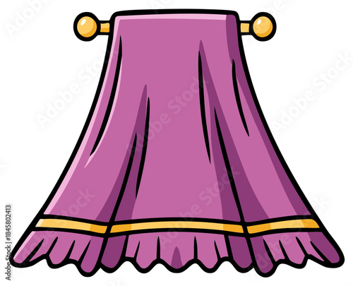 Cartoon vector illustration of a royal purple curtain with golden accents and ruffles