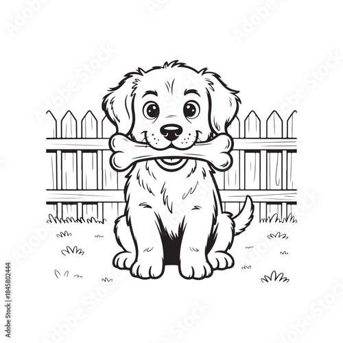 An adorable puppy sits proudly with a bone in its mouth positioned in front of a picket fence illustration
