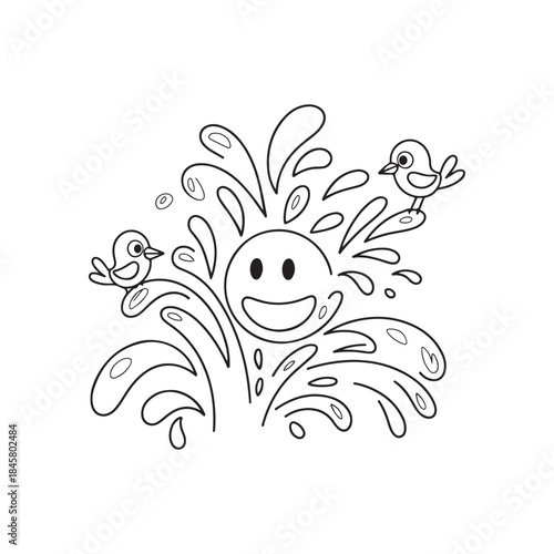 a cheerful sun face with radiating lines and two adorable birds perched nearby a delightful sketch