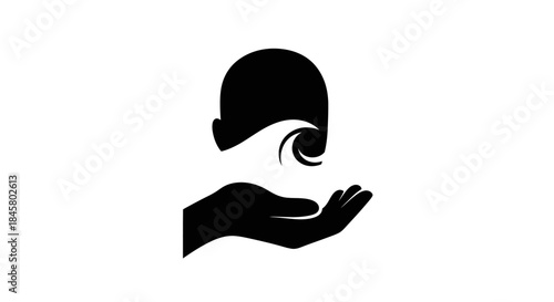 Stylized Hand Holding a Head with a Wave Pattern Minimalist Design.