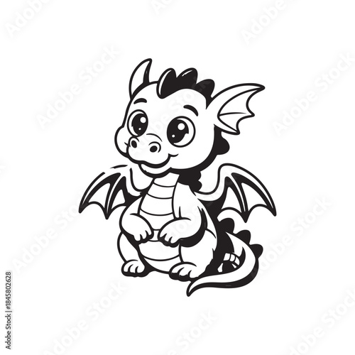 A charming black and white illustration depicts an adorable baby dragon with big eyes and small wings poised to take flight