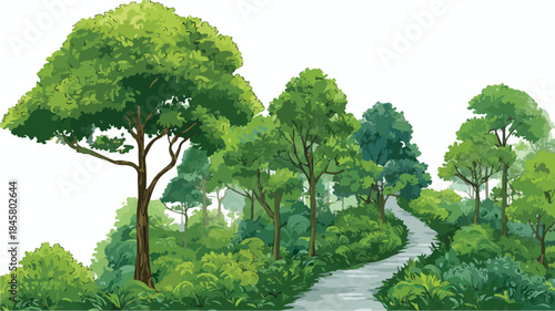 Tranquil Forest Trail Meandering Through Rich Foliage Vector