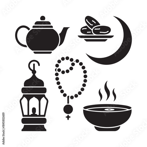 ramadan icons featuring a teapot dates crescent moon lantern prayer beads and a bowl of steaming food