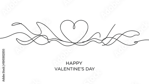 A minimalist line art heart design with swirling lines and happy valentine's day text on a white background for romantic greeting cards