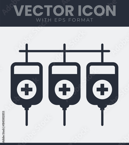 Three medical fluid bags with crosses hanging filled icon, healthcare and treatment, hospital, clinic, therapy, intravenous, infusion, emergency, solid vector symbol illustration