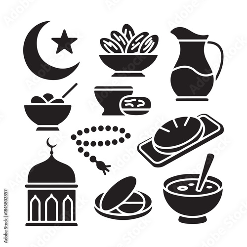 ramadan icons depict traditional symbols like a crescent moon dates a mosque and various foods for breaking the fast