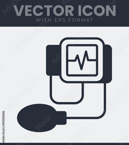 Blood pressure monitor device filled icon, health, medical, heart, pulse, measurement, diagnostic, care, clinic, hospital, equipment, instrument, check, test, pump, solid vector symbol illustration