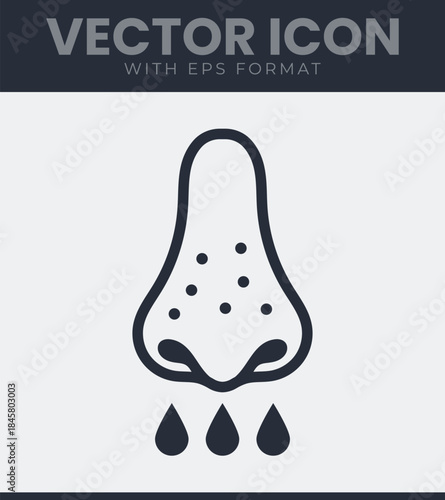 Human nose visible pores minimalist line icon, nostrils indicating runny nose, organ, drops, liquid, fluid, runny, allergy, illness, sickness, symptom, skin, vector symbol illustration