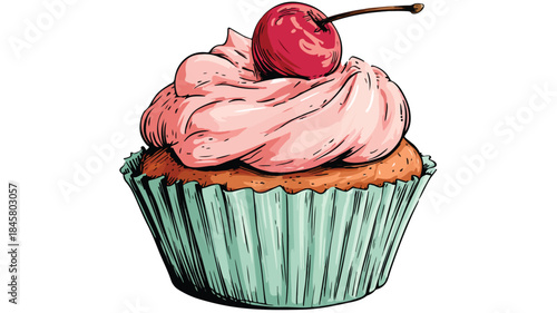 Cute Cartoon Cupcake with Cherry: Sweet Dessert Vector Illustration