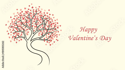A beautiful tree with pink hearts and happy valentine's day text on a cream background for love and romance