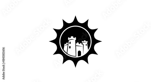 Monochrome Castle Silhouette within a Sunburst Design.