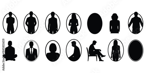 Collection of black silhouettes in oval frames on white background