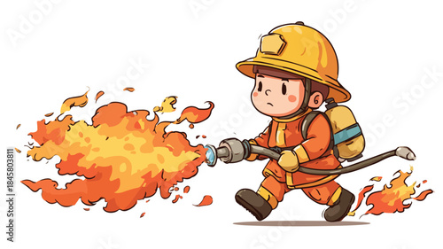 Adorable Cartoon Firefighter Extinguishing Flames Vector Illustration