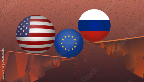 United States American and Russia pressure on EU, Europe Union background, web, banner. Negotiations, sanctions partnership template security guarantees concept