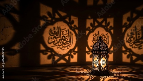 Glowing Ramadan Lantern Casting Dramatic Shadows with Arabic Calligraphy Projection on Textured Wall - Traditional Middle Eastern Fanoos Lamp for Holy Month Celebration