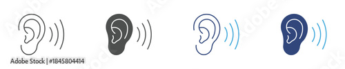 Listening and Hearing Icon, Human Ear with Sound Waves, Active Listening, Audio Communication Concept, Vector Illustration
