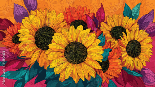 Bright Sunflower Bouquet on Colorful Background for Graphic Design Projects