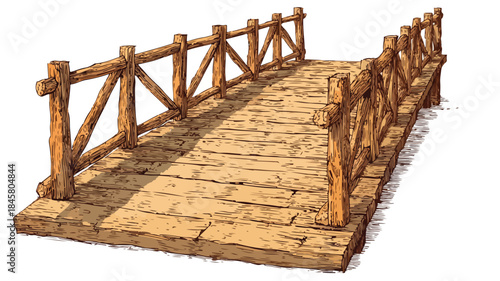 Detailed Wooden Bridge Vector Illustration with White Background