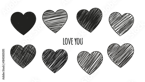 Eight hand drawn black hearts with lines and solid fill on white background with love you text
