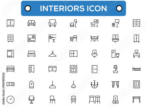Interior furniture and decor line icons set for home design and furnishing elements