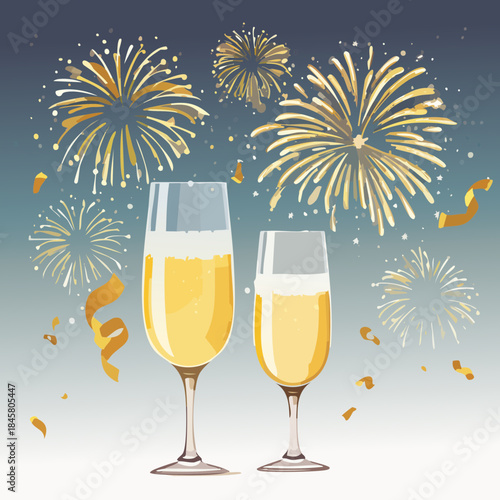 New Year Champagne Toast Illustration — Clinking Glasses with Fireworks, Flat Festive Vector Collection