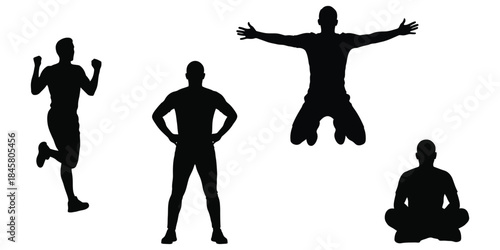 Four black silhouettes of men in various exercise poses