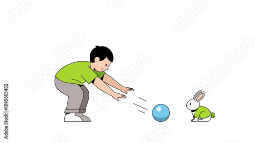 A child playing fetch with a bunny with a blue ball in a cartoon illustration