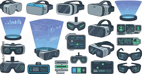 Virtual Reality Headsets and Gadgets Collection for Technology and Innovation Concepts