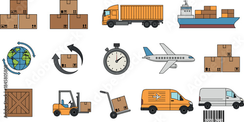 Logistics and transportation icons for shipping, delivery, and supply chain management services worldwide.