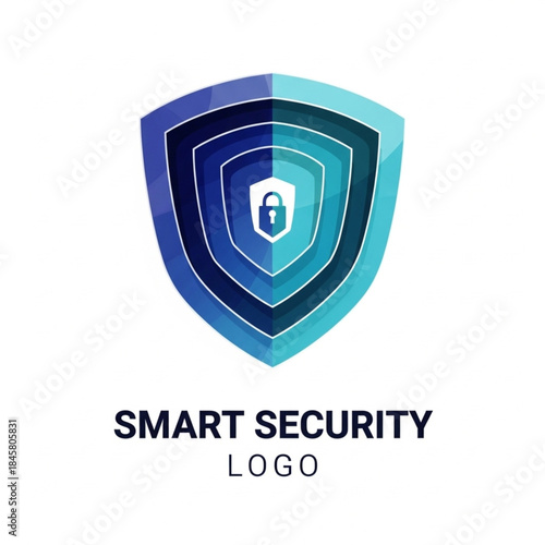 Abstract blue and cyan layered shield logo with a padlock icon for smart security and protection concept.