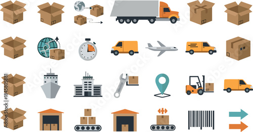 Logistics and shipping icons, cardboard boxes, trucks, airplanes, and warehouses illustrations