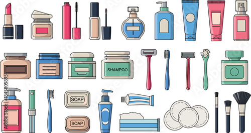 Colorful illustration of various personal care and beauty products on a white background