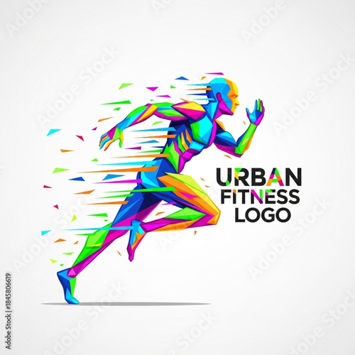 Abstract colorful polygonal runner graphic for urban fitness logo design, motion and speed concept