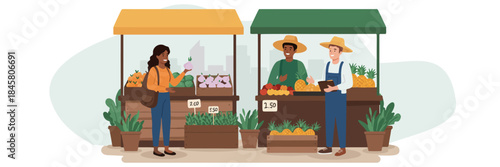 Flat illustration of a farmer's market scene with two vendors (farmers) selling fresh fruits and vegetables to a female customer at outdoor stalls, symbolizing local commerce, fresh food, and healthy 